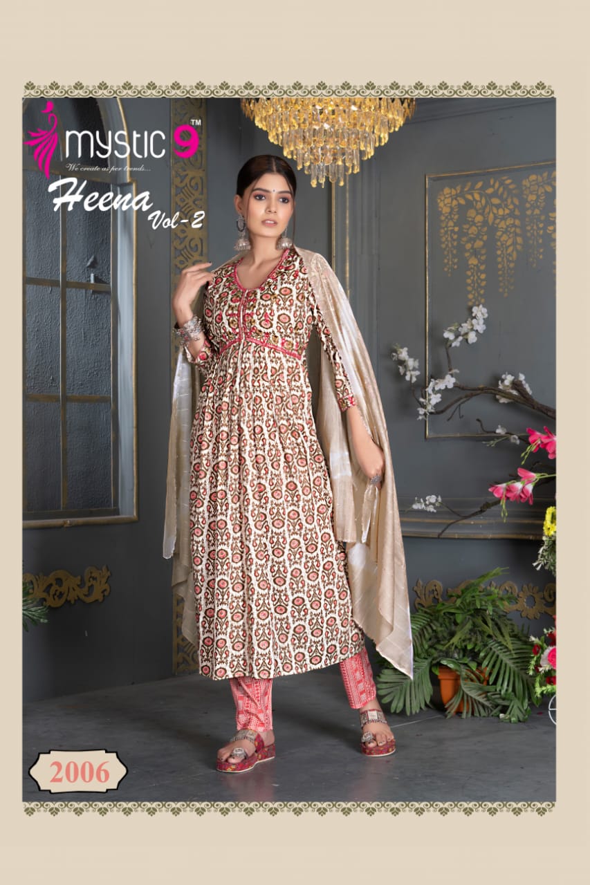 Heena Vol 2 By Mystic 9 Rayon Printed Embroidery Kurti With Bottom Dupatta Wholesale Shop In Surat